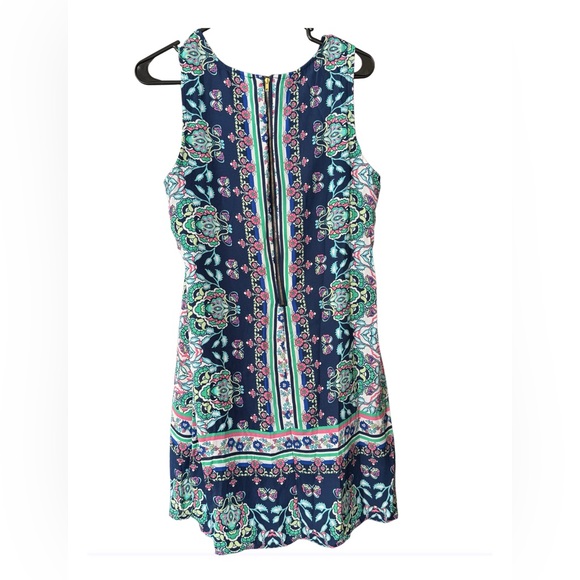 Boho inspired size 8 Sleeveless Shift Dress Blue Pink Teal Mini Dress - Picture 3 of 3